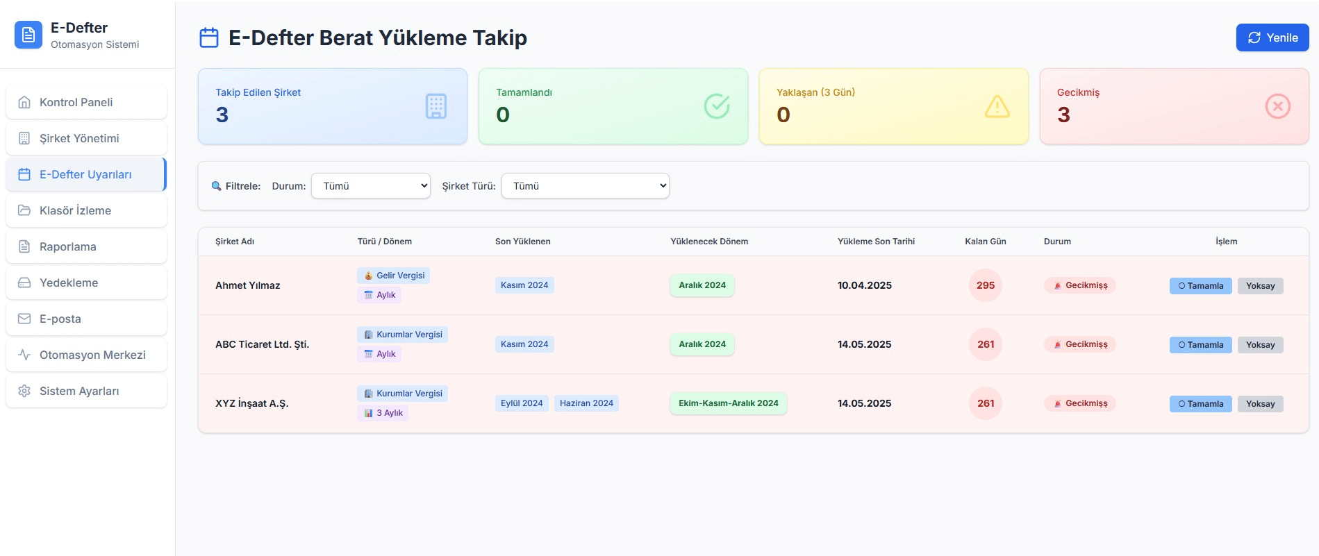 E-Defter Berat Yükleme Takip